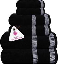 CASA COPENHAGEN Solitaire 6 Pieces Towel Set- Black, 600 GSM 2 Bath Towel 2 Hand Towel 2 Washcloth, Designed in Denmark Made of Soft Egyptian Cotton for Bathroom, Kitchen & Shower