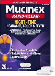 Mucinex Rapid+Clear Nighttime Cold and Flu Medicine for Adults, Maximum Strength Cold Medicine for Cough, Fever, Pain, Headache, & Runny Nose Relief, Rapid Release Caplets for Adults, 20 Count