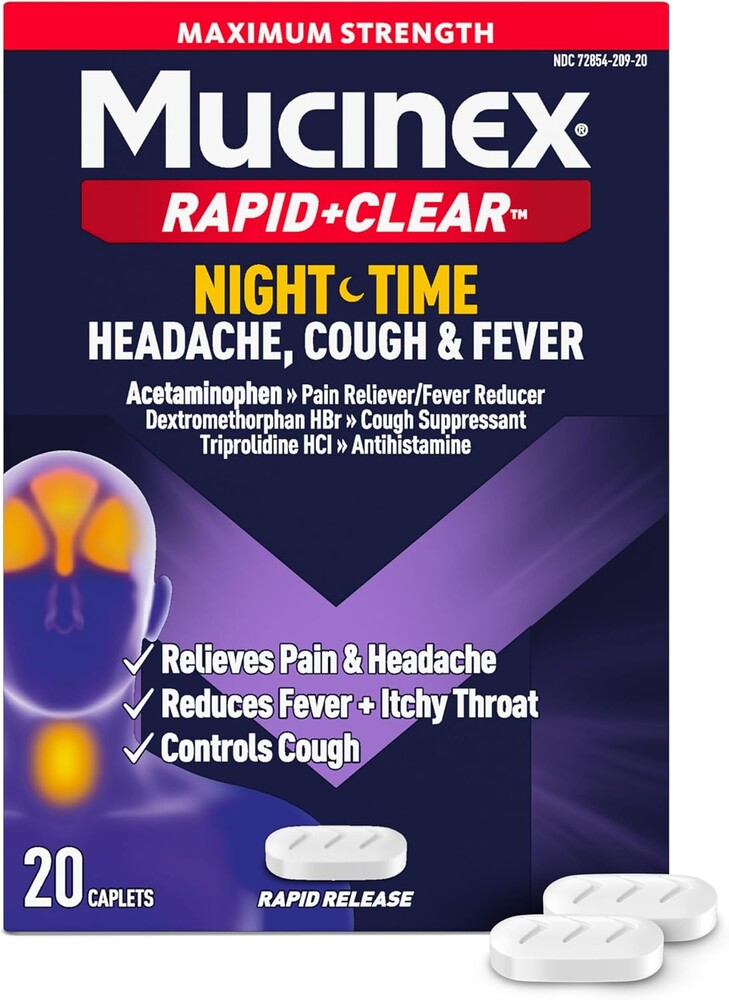 Mucinex Rapid+Clear Nighttime Cold and Flu Medicine for Adults, Maximum Strength Cold Medicine for Cough, Fever, Pain, Headache, & Runny Nose Relief, Rapid Release Caplets for Adults, 20 Count