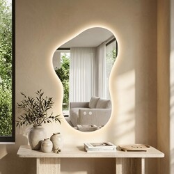 Irregular Led Bathroom Mirror with Lights 20x32 Inch, Backlit Asymmetrical Led Bathroom Mirror for Wall, Lighted Vanity Mirror with Lights, Anti-Fog, Dimmable 3 Colors, Shatter-Resistant