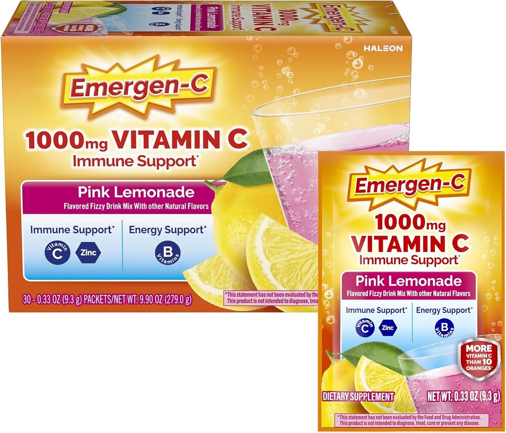 Emergen-C 1000mg Vitamin C Immune Support Powder Pink Lemonade 30CT includes Zinc, Manganese, 7 B Vitamins and Electrolytes for Back to School Essentials