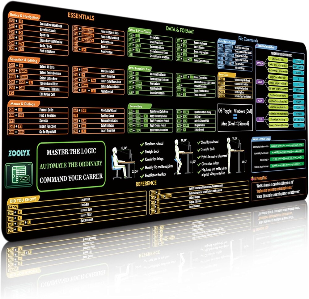 Zoolyx Excel Cheat Sheet Desk Pad 31.5"x11.8" Shortcuts Mousepad Mat | AI Copilot Ready, Logic Decision Tree, Shortcut Reference, for CPAs, Finance & Data Analysts