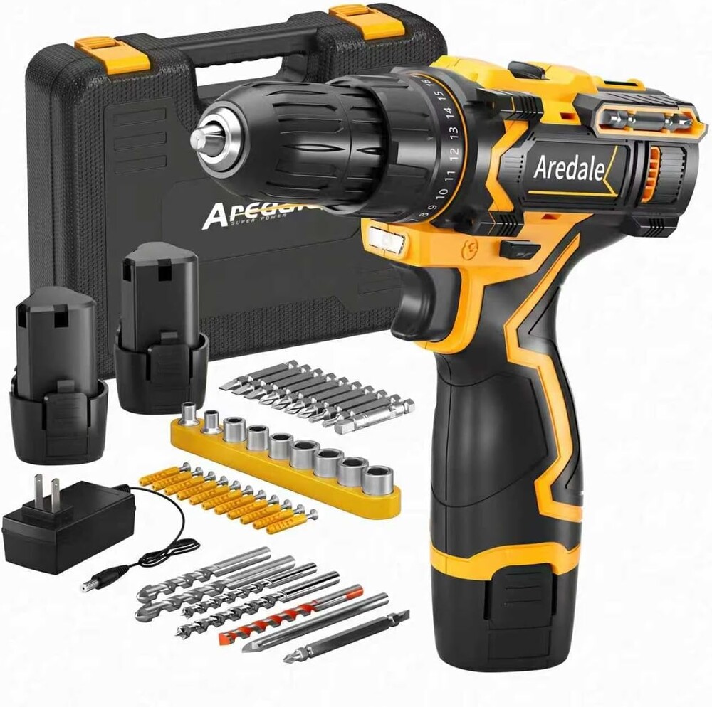 Cordless Drill Set, 12V Power Drill Driver with 2 Battery and Charger, 3/8" Keyless Chuck, 2 Variable Speed, 25+1 Torque Setting with LED for Home DIY