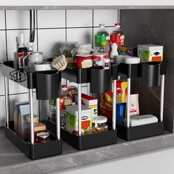 3 Pack Under Sink Organizer Bathroom and Storage Cabinet (Black) | 2 Tier with Hanging Cups for Kitchen
