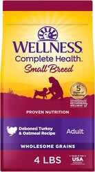 Wellness Complete Health Small Breed Adult Dry Dog Food, Wholesome Grain Kibble, Natural, Turkey and Oatmeal Recipe, 4 lb Bag