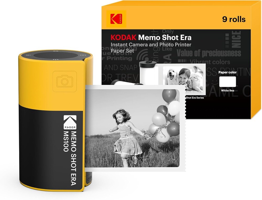 KODAK Memo Shot ERA Kids Instant Digital Camera and Photo Label Printer (Yellow, Camera + 10 Rolls)