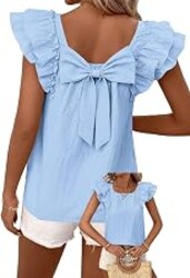 Falechay Womens Bow Tie Back Tops Round Neck Ruffle Short Sleeve Shirts Cute Babydoll Chiffon Tee Women Summer Trendy Tunic