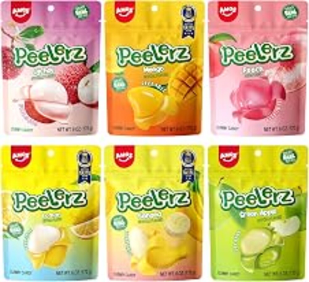 AMOS Peelerz Gummy Candy Variety Pack 6 Fruit Flavors Mango Banana Lychee Peach Green Apple Lemon Soft and Chewy Fruit Snacks with Real Juice Fun Peelable Candy for Kids and Adults 6 Bags