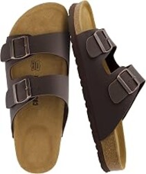 CUSHIONAIRE Lane Cork Footbed Mens Sandals, Adjustable Buckle Comfort Slides for Men, Genuine Leather Insole Summer Sandals Men Footwear