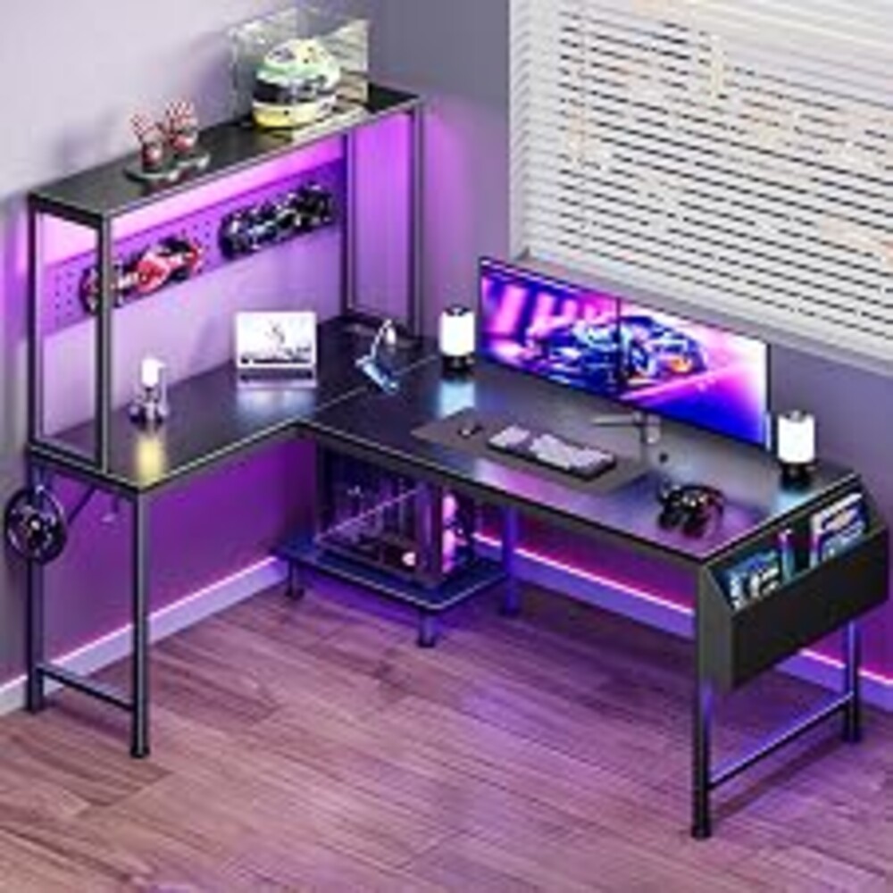 PRAISUN L Shaped Gaming Desk with LED Lights & Power Outlets, Reversible Computer Desk with Storage Shelves & Bag, Large Corner Home Office Desk with Pegboard for Work from Home, Black