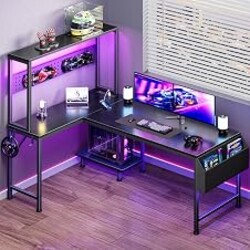 PRAISUN L Shaped Gaming Desk with LED Lights & Power Outlets, Reversible Computer Desk with Storage Shelves & Bag, Large Corner Home Office Desk with Pegboard for Work from Home, Black