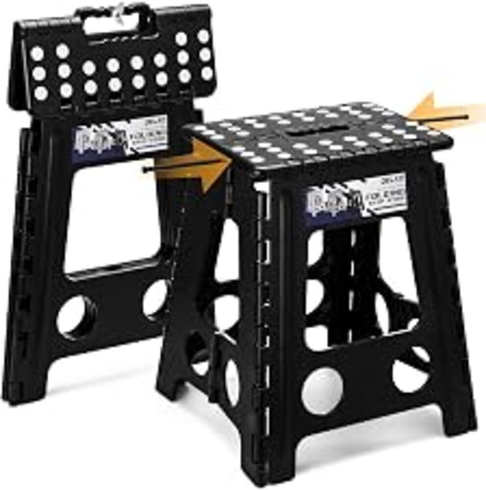 Delxo 16 Inch Folding Step Stool,Foldable Stool for Adults with Safety Lock,Portable Collapsible Plastic Stepstool,Non Slip Folding Stools for Kitchen Bathroom Bedroom Up to 400LBS,(Black 1PC)