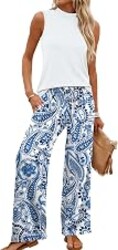 WIHOLL Two Piece Set for Women Summer Spring Outfits Cruise Travel Airport Beach Vacation Mock Neck Wide Leg Pants Set
