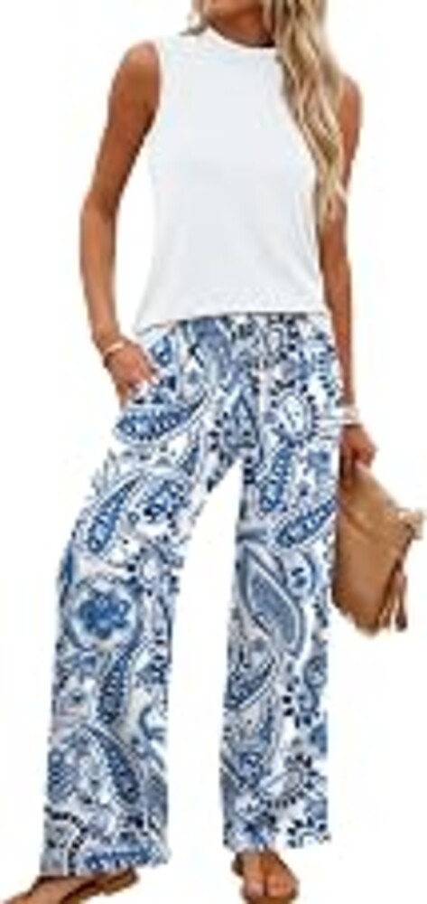 WIHOLL Two Piece Set for Women Summer Spring Outfits Cruise Travel Airport Beach Vacation Mock Neck Wide Leg Pants Set