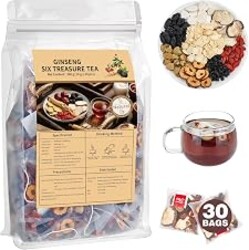 Kidney Tea Formula Ginseng Six Treasure Tea, Ginseng & Mulberry Herbal Tea, Kidney Cleanse Detox & Repair, Traditional Chinese Herbal Tea Bags, Five Treasures Teas For Men Women (30 Bags/1 Pack)