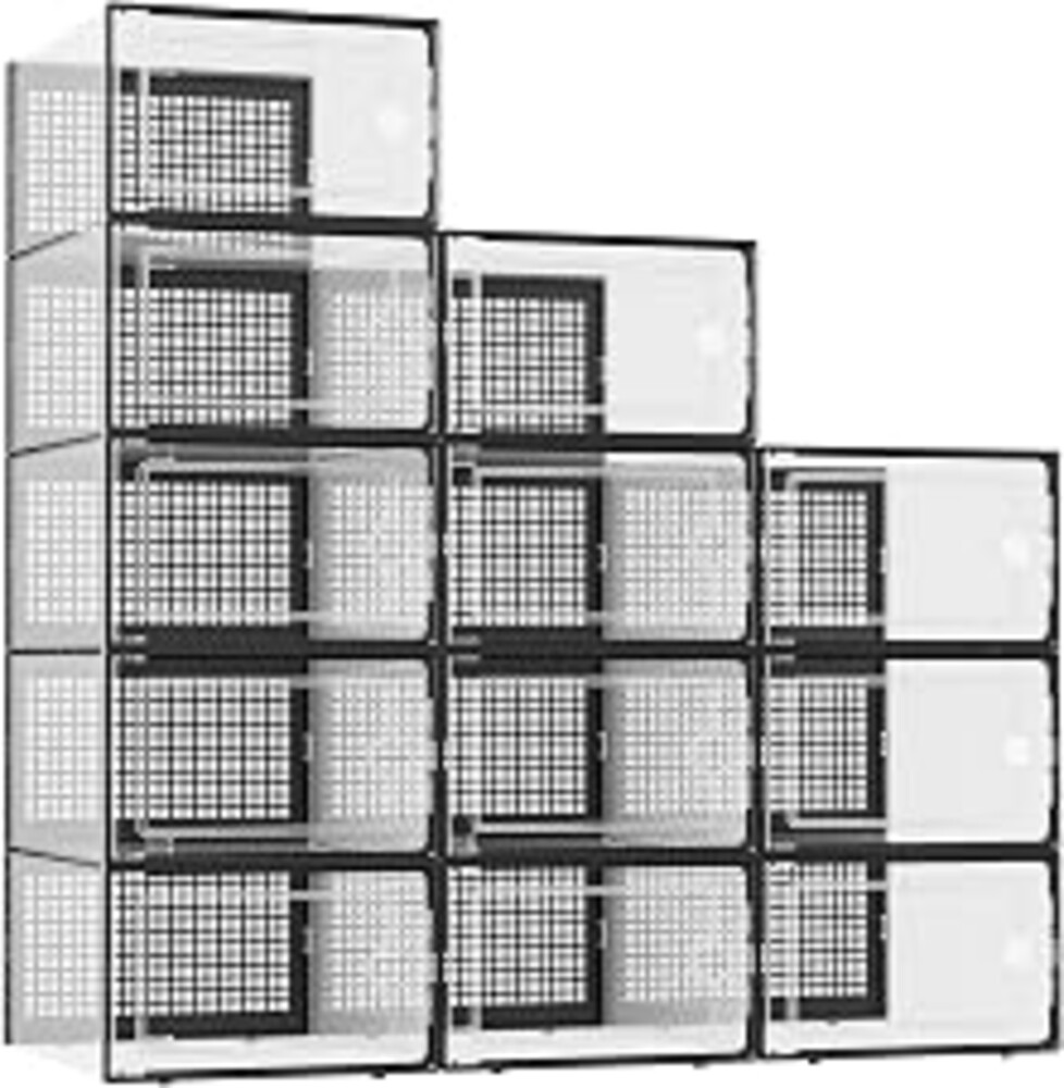Kuject XX-Large Shoe Storage Boxes Organizers Clear Plastic Stackable 12 Pack, Shoe Rack & Holder Substitute, Sneaker Containers, Shoe Storage Organizer Bins for Closet, Under Bed, Black(No Fold Line)