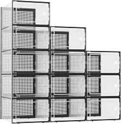 Kuject XX-Large Shoe Storage Boxes Organizers Clear Plastic Stackable 12 Pack, Shoe Rack & Holder Substitute, Sneaker Containers, Shoe Storage Organizer Bins for Closet, Under Bed, Black(No Fold Line)