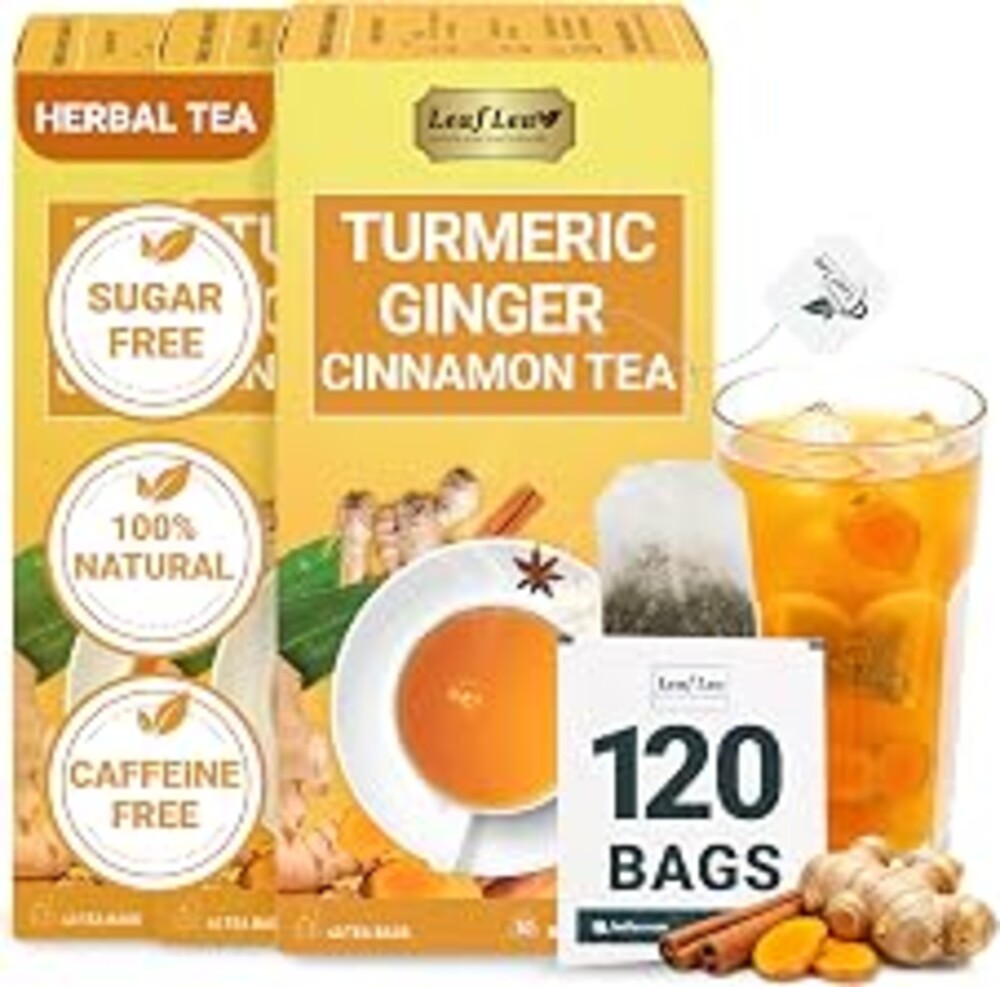 LeafLea Turmeric Ginger Cinnamon Tea, 120 Individually Wrapped Tea Bags, 100% Natural Herbal Blend with Pure Ginger and Turmeric, Supports Digestion & Immune Health, Caffeine-Free, No Sugar