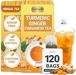 LeafLea Turmeric Ginger Cinnamon Tea, 120 Individually Wrapped Tea Bags, 100% Natural Herbal Blend with Pure Ginger and Turmeric, Supports Digestion & Immune Health, Caffeine-Free, No Sugar