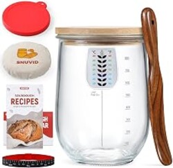 Snuvid 1 L (34 oz) Sourdough Starter Jar Kit, Wide Mouth Potbelly Crock - Glass Sour Dough Starter Bread Jar Set - Sourdough Baking Supplies - Sour Dough Bread Accessories Gifts for Sourdough Lovers