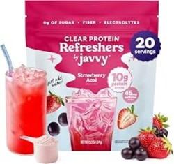Javvy Clear Protein Refresher Drink Mix – 10g of Whey Protein and Collagen Peptides, Electrolytes Powder, Natural Flavors, 0g of Sugar, 45mg Caffeine, 20 Servings, Strawberry Berry Acai