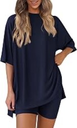 PRETTYGARDEN Women 2 Piece Lounge Set 2026 Summer Casual Oversized Shirts Biker Shorts Matching Airport Travel Outfit Clothes
