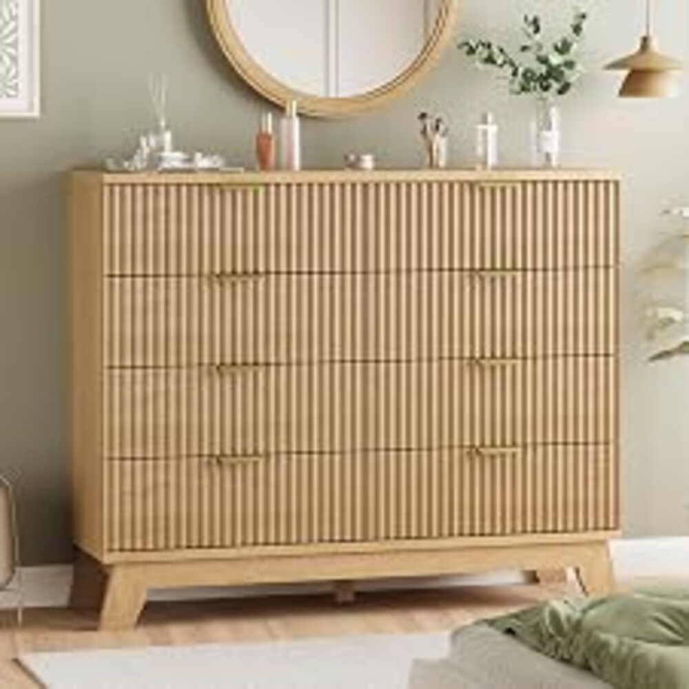 Fluted Dresser for Bedroom with 8 Drawers, 48" Wide Modern Chest of Drawers with Metal Handle, Wooden Dresser TV Stand, Wood Closet Clothes Storage Organizer for Living Room, Hallway, Natural Oak