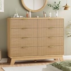 Fluted Dresser for Bedroom with 8 Drawers, 48" Wide Modern Chest of Drawers with Metal Handle, Wooden Dresser TV Stand, Wood Closet Clothes Storage Organizer for Living Room, Hallway, Natural Oak