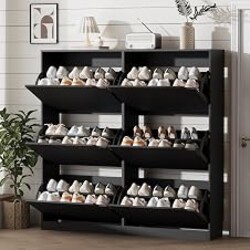 Xixini Shoe Storage Cabinet for Entryway with 6 Flip Drawers, Sturdy Wood Hidden Shoe Storage, Freestanding Narrow Slim Shoe Organizer for Front Door Entrance, Living Room, Hallway, Bedroom, Black