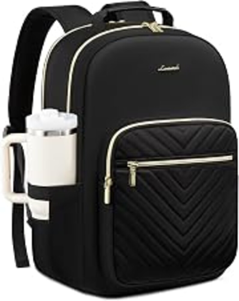 LOVEVOOK Laptop Backpack for Women with Giant Tumbler Holder 17.3 inch,Designer Travel Backpack Laptop Bag College Backpack,Quilted Work Nurse Teacher Backpack Purse Computer Bag Casual Daypack, Black