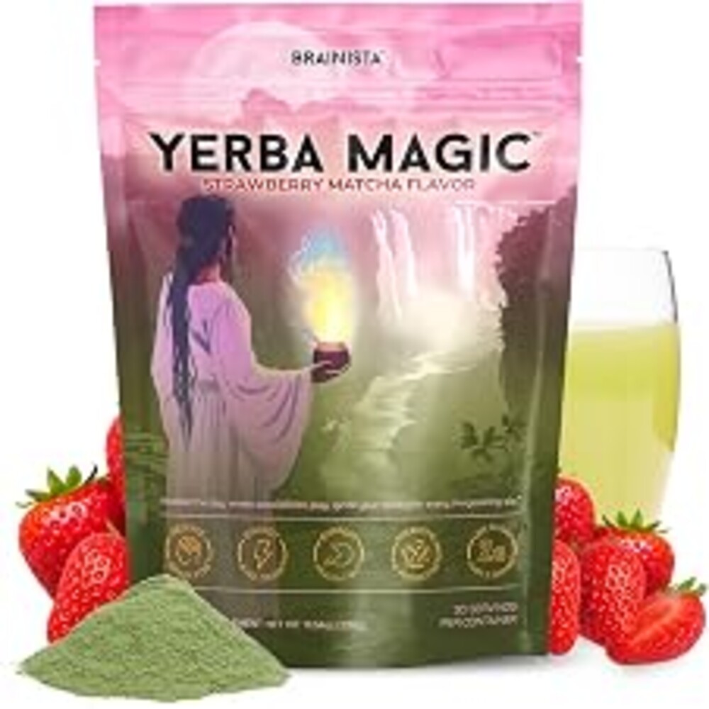Yerba Mate Tea, Yerba Magic 5 in 1 Nootropic Drink Mix with Lion's Mane, Prebiotics, Probiotics, L-Theanine, Plant Caffeine Extract, Gut Health, Energy Drink Powder, Strawberry Matcha, 30 Servings
