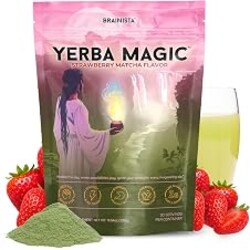 Yerba Mate Tea, Yerba Magic 5 in 1 Nootropic Drink Mix with Lion's Mane, Prebiotics, Probiotics, L-Theanine, Plant Caffeine Extract, Gut Health, Energy Drink Powder, Strawberry Matcha, 30 Servings