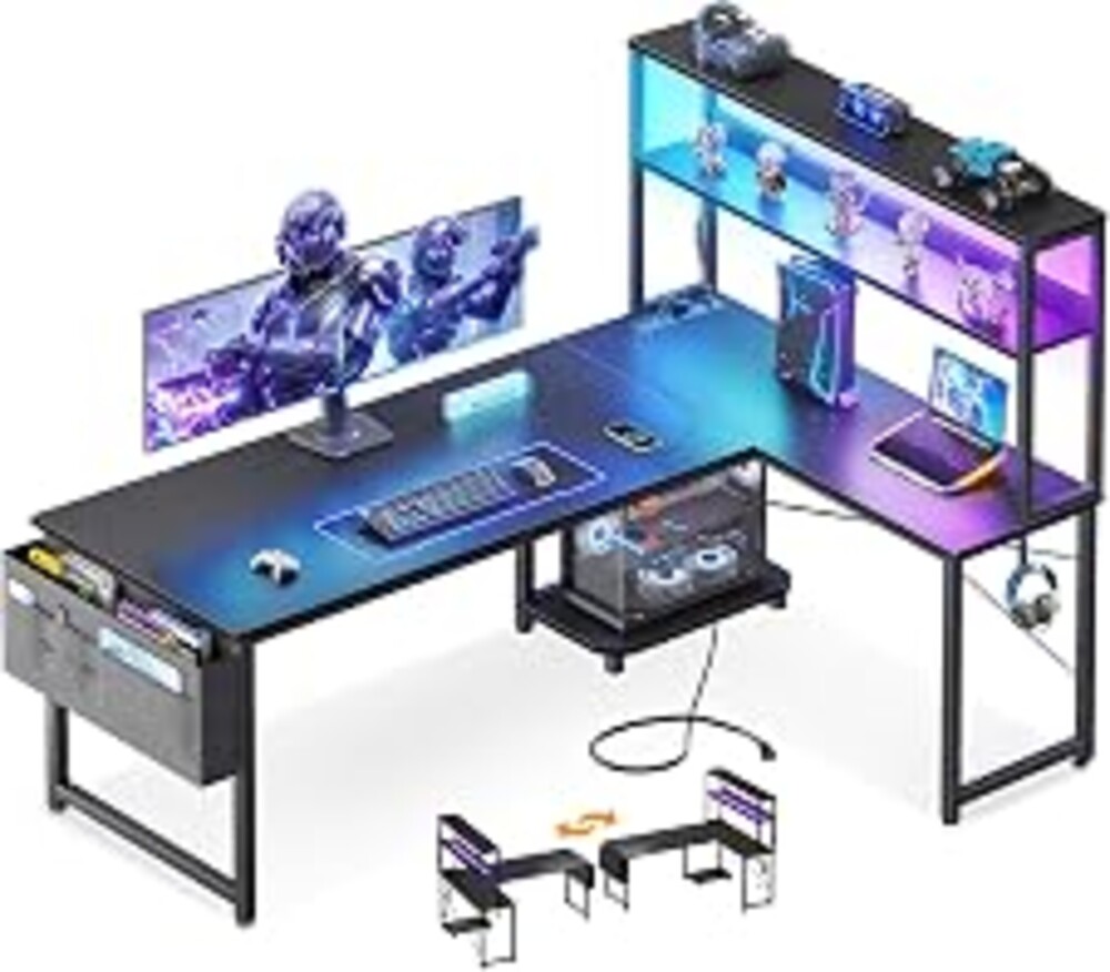ODK 53 Inch L Shaped Gaming Desk with LED Lighting, Reversible Desk with Power Outlets, Cornor Computer Table with Storage Shelves & Bag & Iron Hook, Home Office Table for Writing, Study, Black