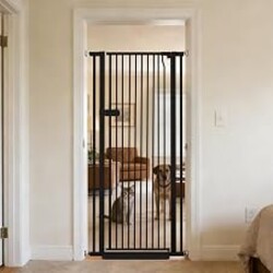 Lumizone Extra Tall Cat Gate 61.02" High 29.92"-34.24" Wide Pet Gate Black | Dog Gate for Doorway Hallway Stairs Pressure Mounted Extra Wide 1.37" Gap No Drilling Auto-Close One-Handed Operation