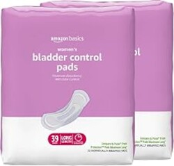 Amazon Basics Incontinence Pads for Women, Postpartum, Long, Maximum Absorbency, Bladder Control, Unscented, 78 Count (2 Packs of 39)