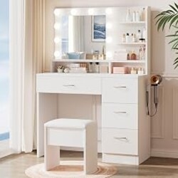 LIVELYGLOW White Makeup Vanity Desk with Charging Station & 4 Drawers | 10 LED Bulbs, HD Mirror, Cushioned Stool, Hairdryer Rack