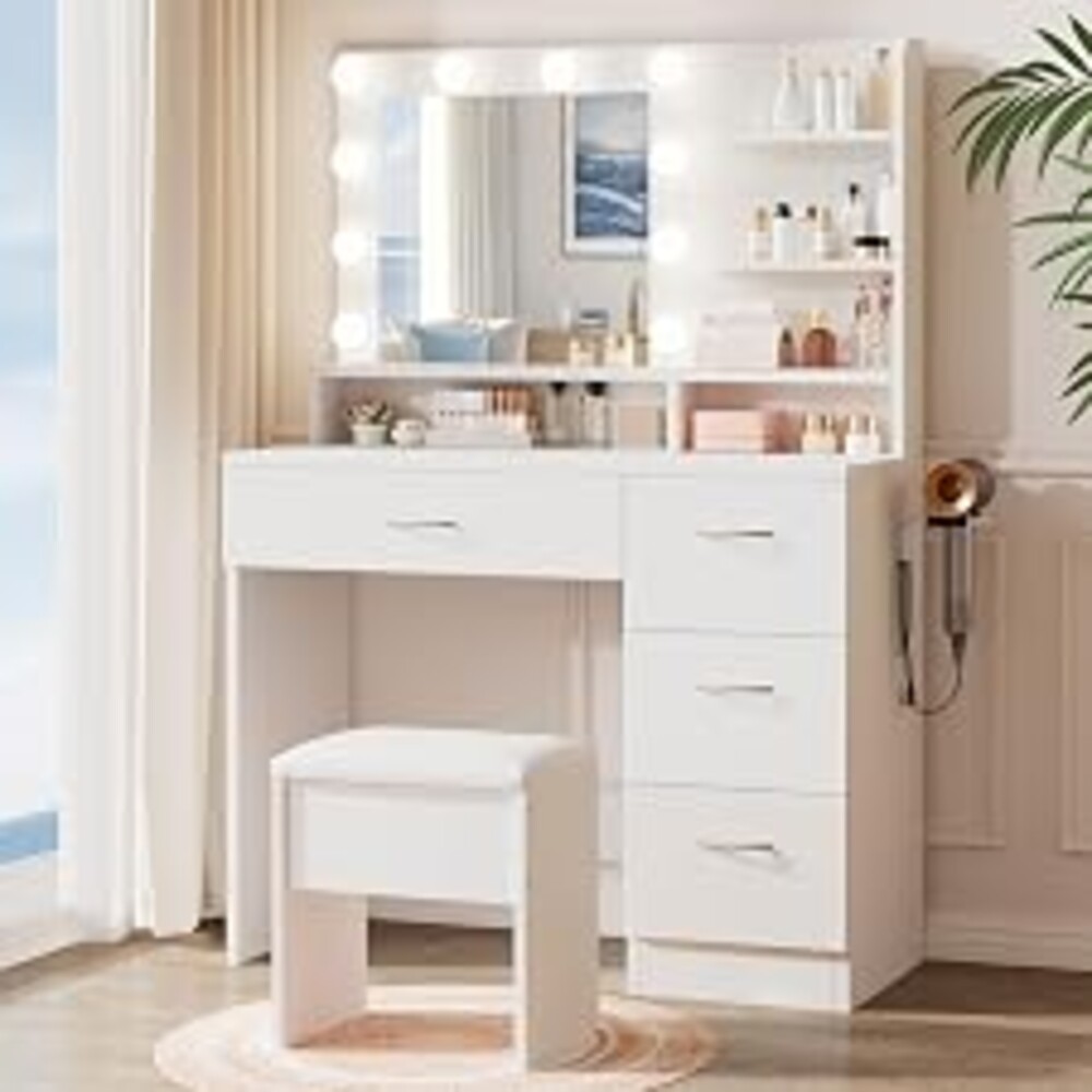 LIVELYGLOW White Makeup Vanity Desk with Charging Station & 4 Drawers | 10 LED Bulbs, HD Mirror, Cushioned Stool, Hairdryer Rack