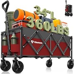 Hikemoon 34'' Extra Long Collapsible Wagons Carts Foldable, 360LBS Heavy Duty Folding Beach Wagon with Wheels, Portable Utility Outdoor Cart for Grocery, Garden, Sports, Camping, Red & Grey