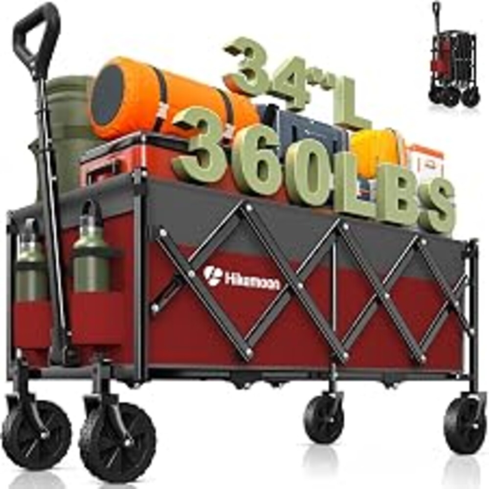 Hikemoon 34'' Extra Long Collapsible Wagons Carts Foldable, 360LBS Heavy Duty Folding Beach Wagon with Wheels, Portable Utility Outdoor Cart for Grocery, Garden, Sports, Camping, Red & Grey