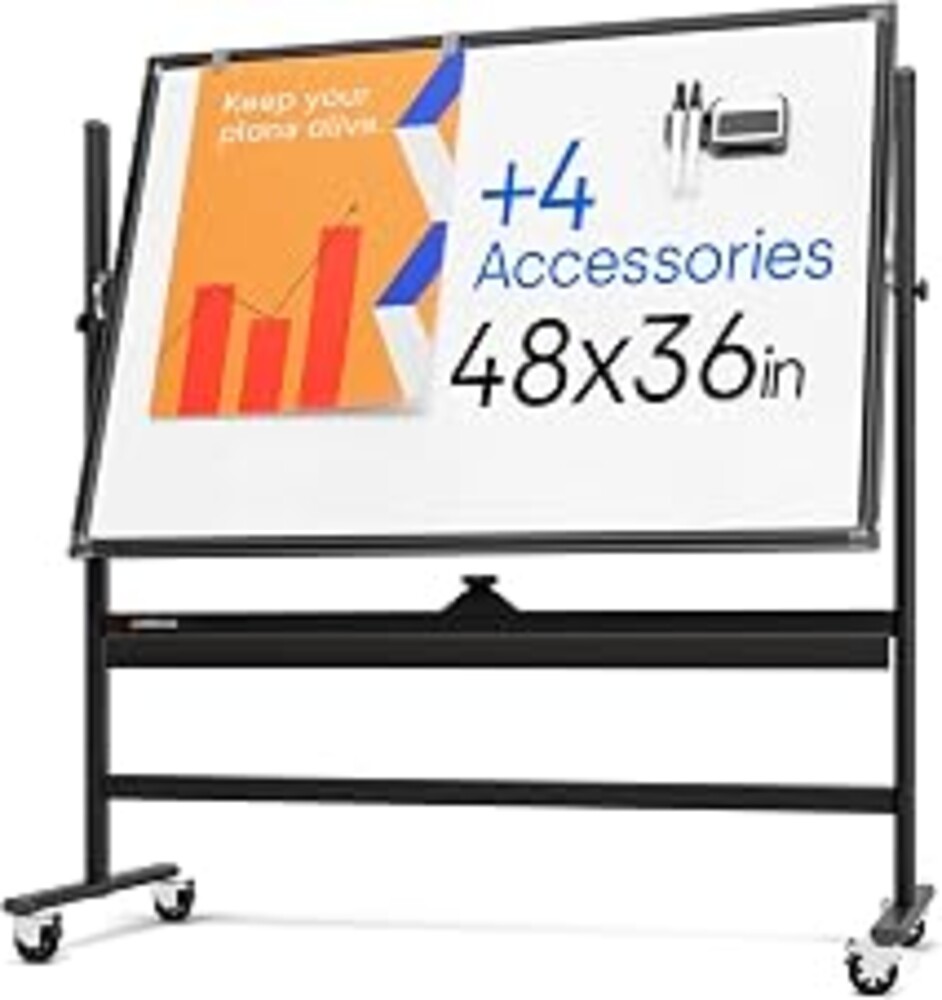 Rolling Dry Erase Board 48 x 36 - Large Portable Magnetic Whiteboard with Stand - Double Sided Easel Style Whiteboard with Wheels - Mobile Standing White Board for Office, Classroom & Home