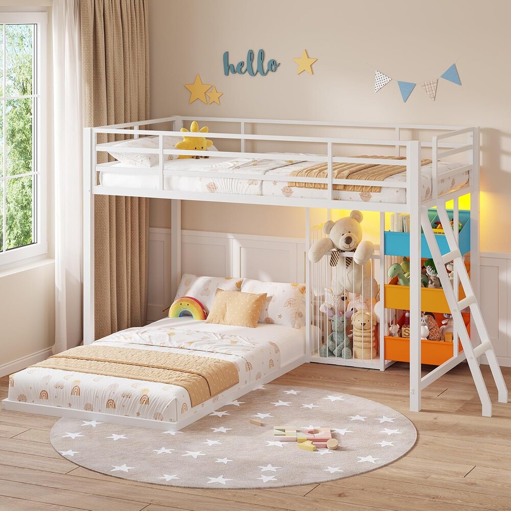 Hasuit Bunk Bed Twin Over Twin Size with Large Toy Storage Organizer and 3 Bins, Twin Bunk Beds with LED Lights, Metal L-Shaped Loft Bed with 13.4" H Safety Guardrail & Ladder, for Kids & Teens, White