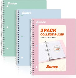 SUNEE Spiral Notebooks, 3 Pack, 1-Subject, College Ruled Paper, 8" x 10-1/2", 70 Sheets per Notebook, Assorted Pastel Colors Spiral Notebooks for School