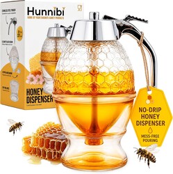 Hunnibi 8oz No Drip Glass Honey Dispenser with Plastic Top - Honeycomb-Style Syrup Server and Bee-Themed Storage Jar with Stand - 6"