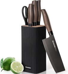 Astercook Knife Set, 6-Piece Kitchen Knife Set with Block, High Carbon Stainless Steel Ultra Sharp Kitchen Knives, Wood Grain Handle, Dishwasher Safe Knife Block Set, Black, Kitchen Utility Knives
