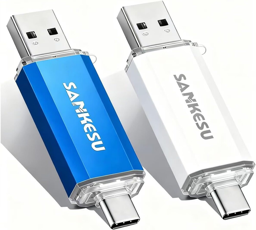 2-Pack 128GB USB C Flash Drive, 2-in-1 OTG Dual USB-A & Type-C Memory Stick, Plug and Play Thumb Drive for iPhone 15/16/17, Android, Tablet, Laptop, PC (Silver/Blue)