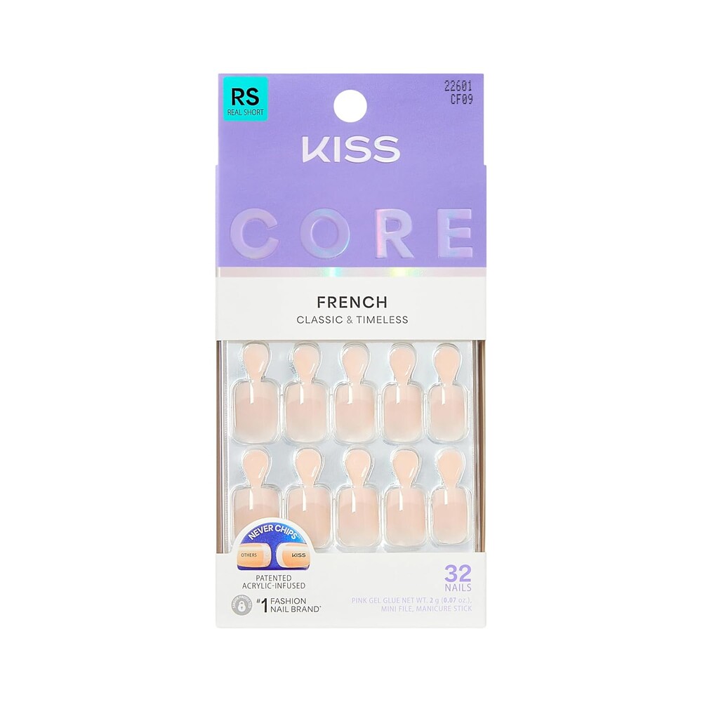 Kiss Core, Press On Nails, Nail glue included, 'Your Moment', Pink, Real Short Size, Squoval Shape, Includes 32 Nails, 2g Glue, 1 Manicure Stick, 1 Mini File