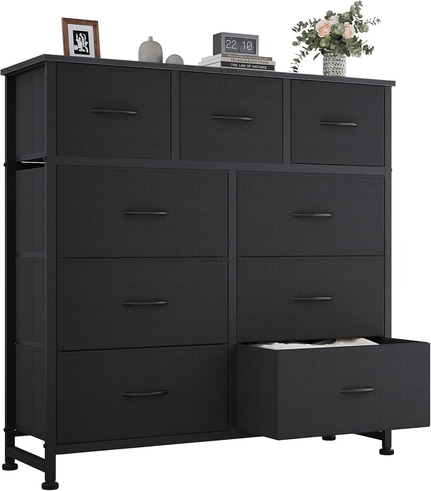 OLIXIS 9 Drawer Fabric Storage Dresser Chest Organizer Unit, Black | Sturdy and lightweight fabric drawers with easy-pull handles. Space-saving versatile organizer for clothes, bedroom