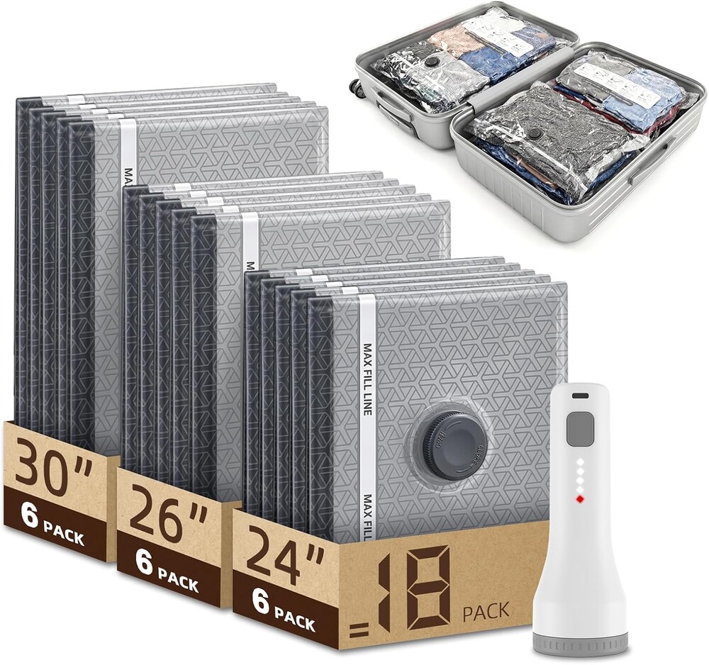 18 Pack Vacuum Storage Bags for Travel with Cordless Pump | 1.5s Hold to Start, 2000mAh Rechargeable, 100+ vacuum seals per charge, 60000Pa suction, for Luggage and Suitcase