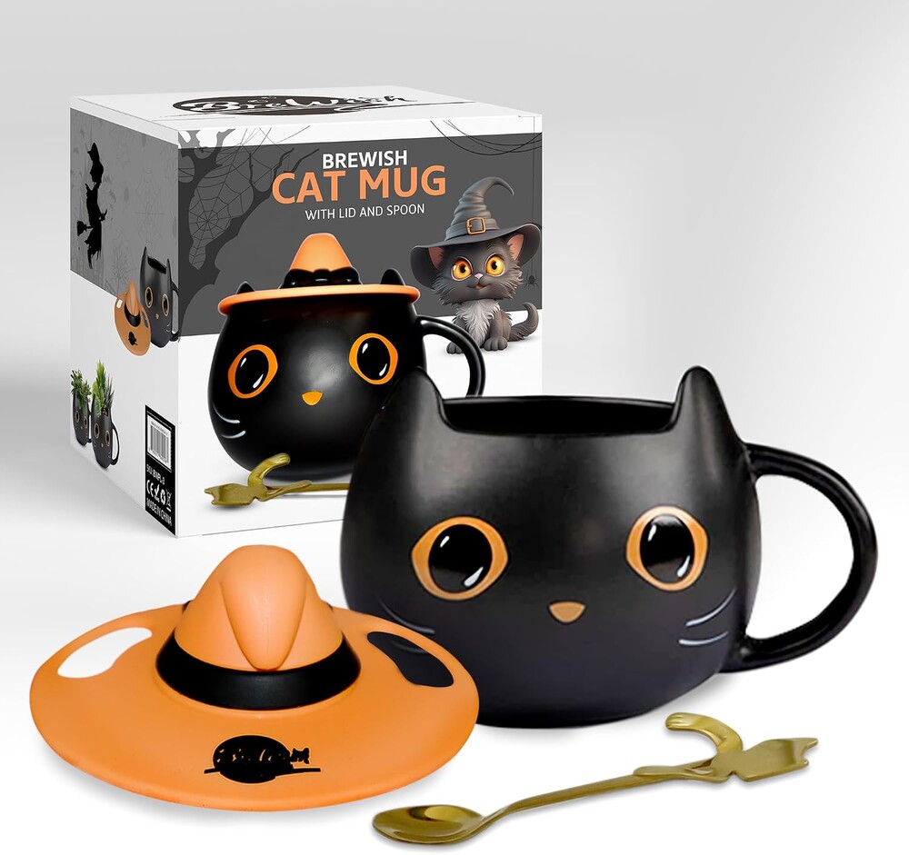 Brewish Cat Mug for Kitty Lovers | Cute Cup with a Witch Hat Lid & an Adorable Spoon | Ceramic Coffee & Tea Mugs | Gift for Cat Mom, Dad, Women, Kids | 12 oz, Black