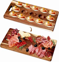 Acacia Wood Deviled Egg Platter,15Holes Deviled Egg Tray.Strip Deviled Egg Holder for Deviled Eggs.Small Charcuterie Board Easter Deviled Egg Carrier for Kitchen Countertops